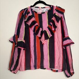 TCEC Anthropologie Ruffle Striped‎ Blouse Womens Size L Long Sleeve  Top